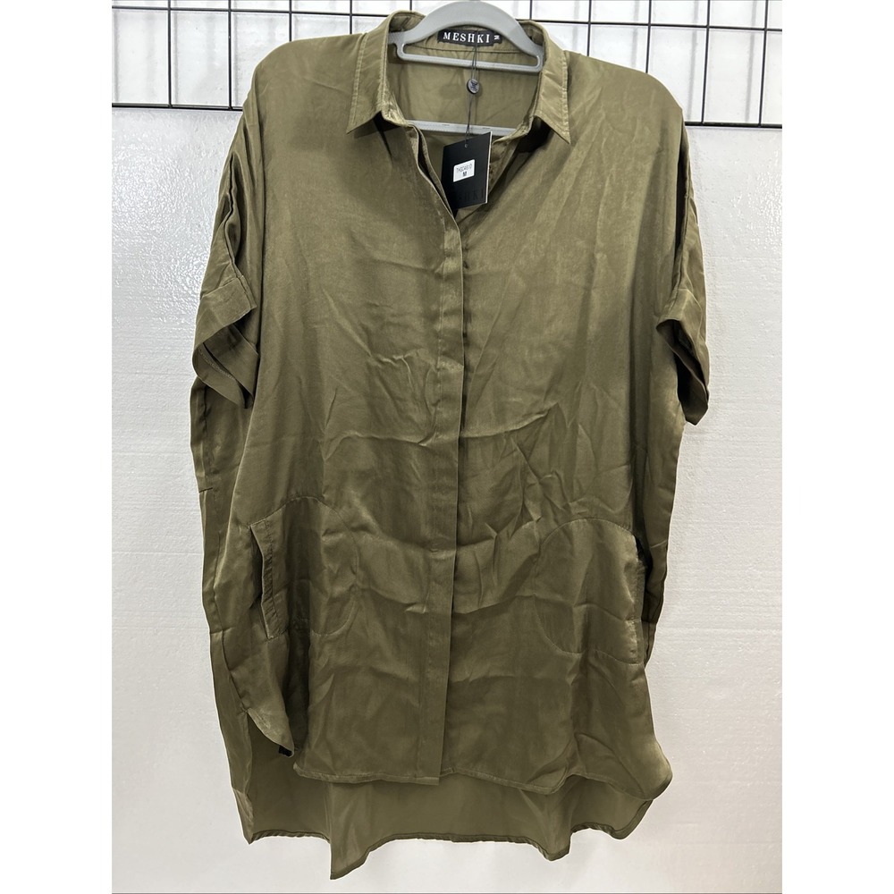MESHKI Women's Size M Button Up Short Sleeve Shirt Dress Olive Green SKU 60054